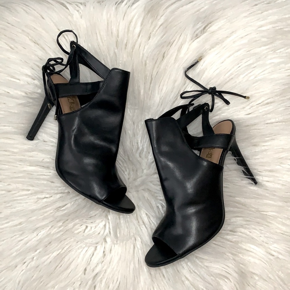 Brash Black Leather Open Toe Heels